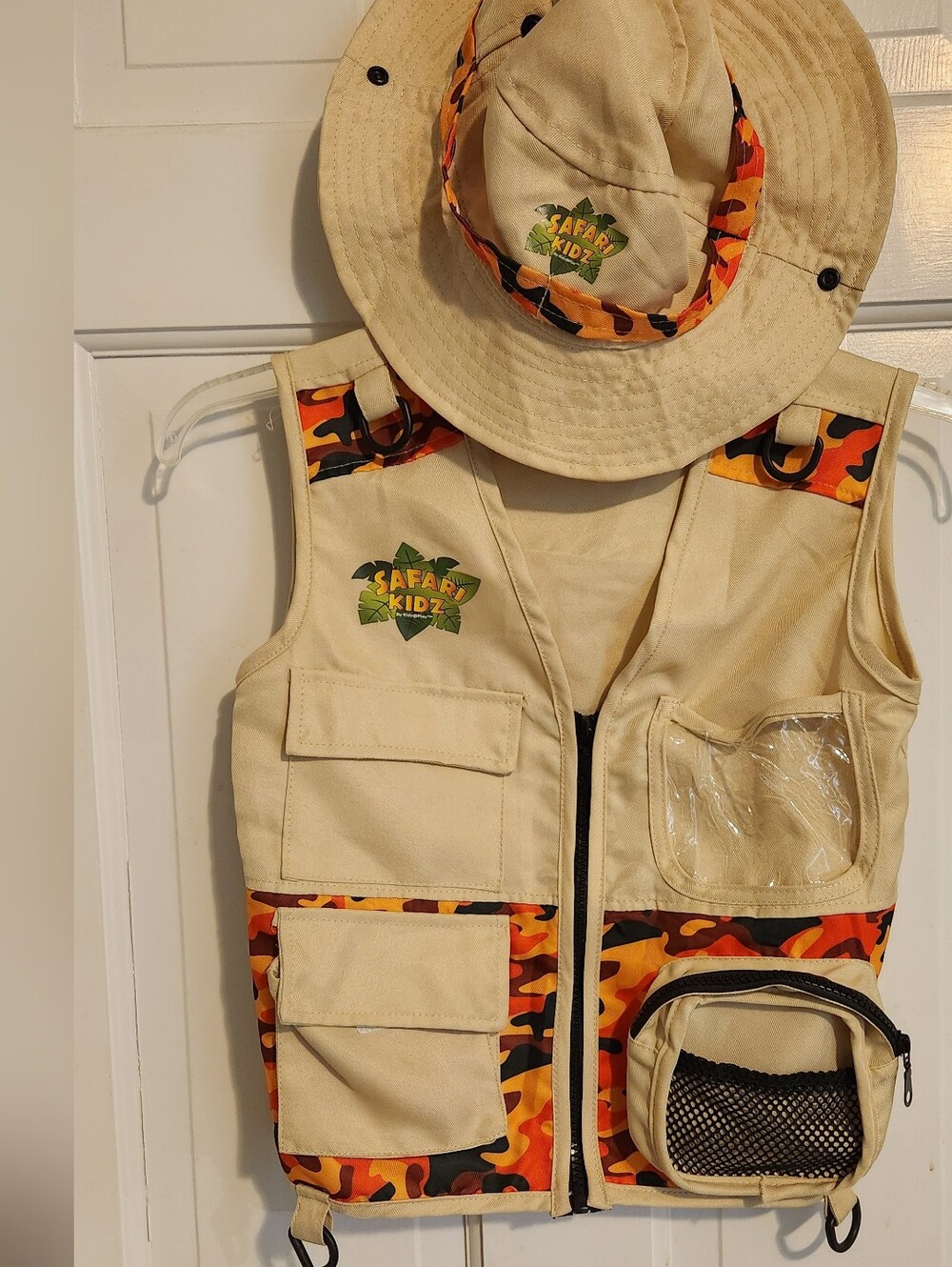 Safari KIDZ Tan Kids Explorer Vest & Hat Set - Tan with Orange Camo, One Size